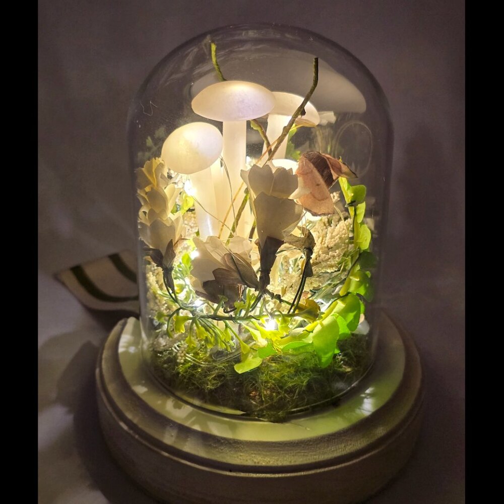Lighted Night Mushroom Garden Under Glass